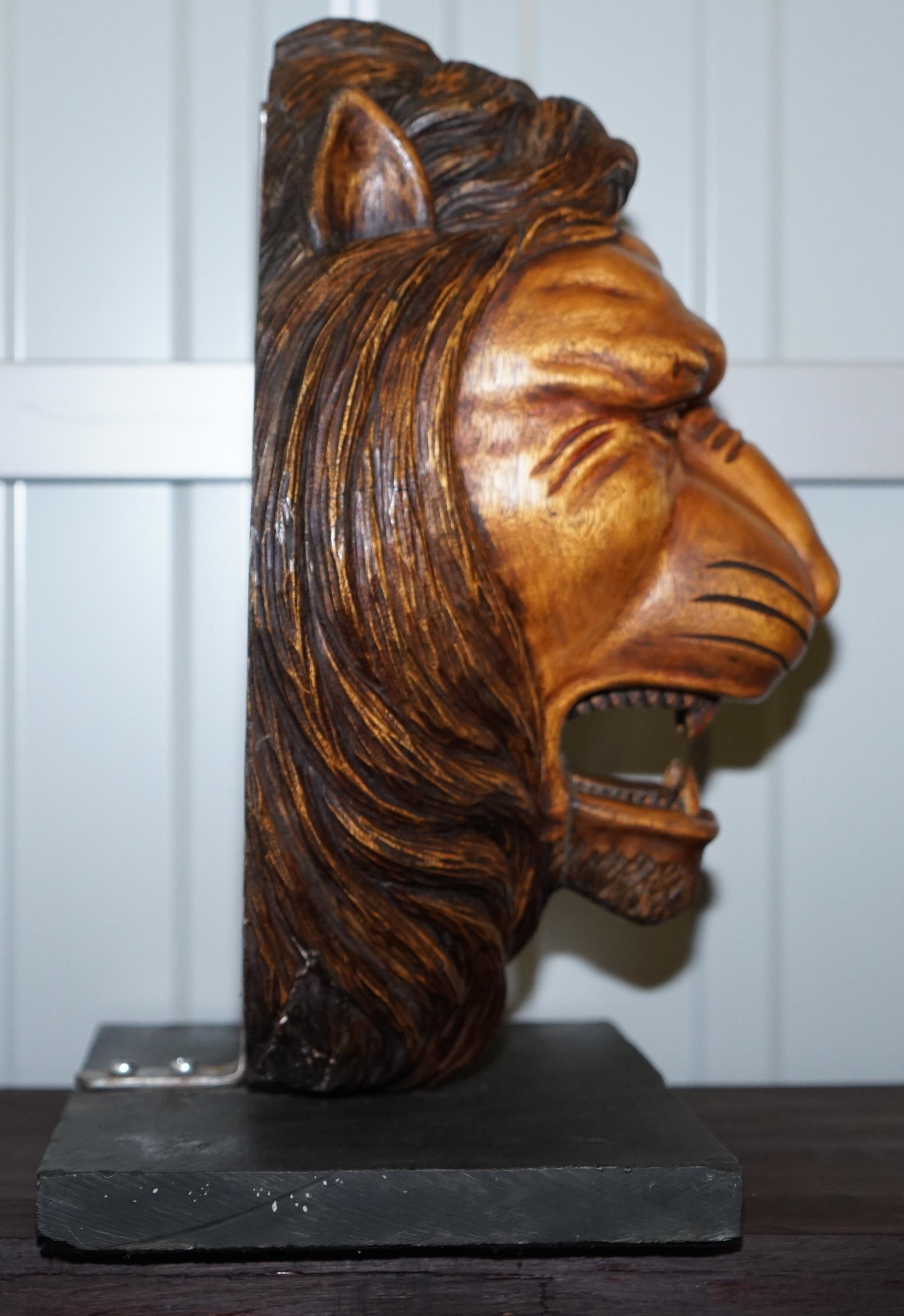 Large Rare Hand Carved Lions Mane Bust Head in Wood with Solid Marble Base For Sale 2