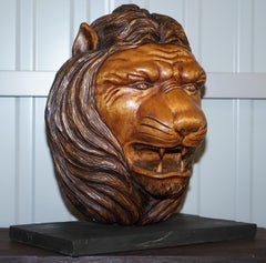 Large Rare Hand Carved Lions Mane Bust Head in Wood with Solid Marble Base