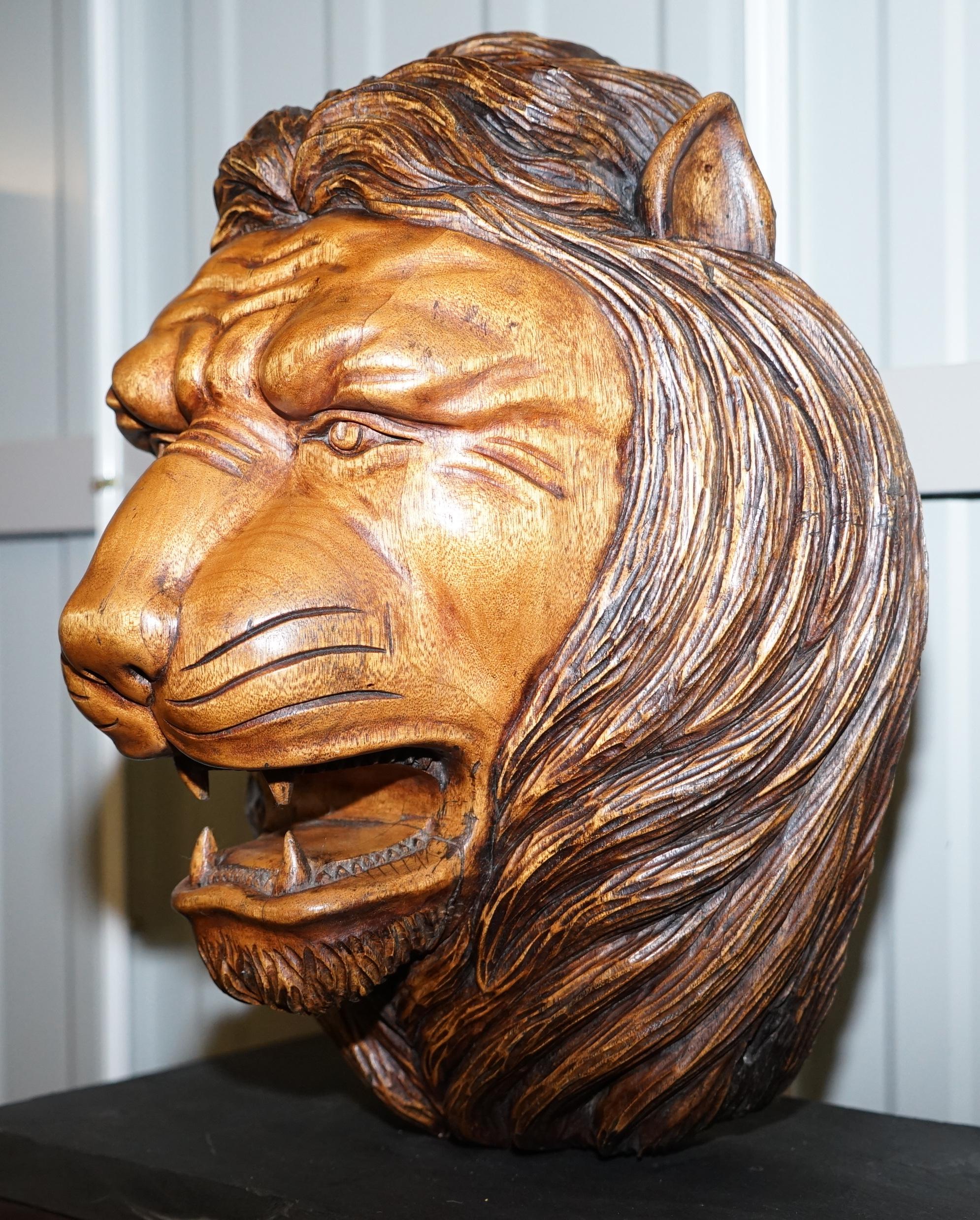 English Large Rare Hand Carved Lions Mane Bust Head in Wood with Solid Marble Base For Sale