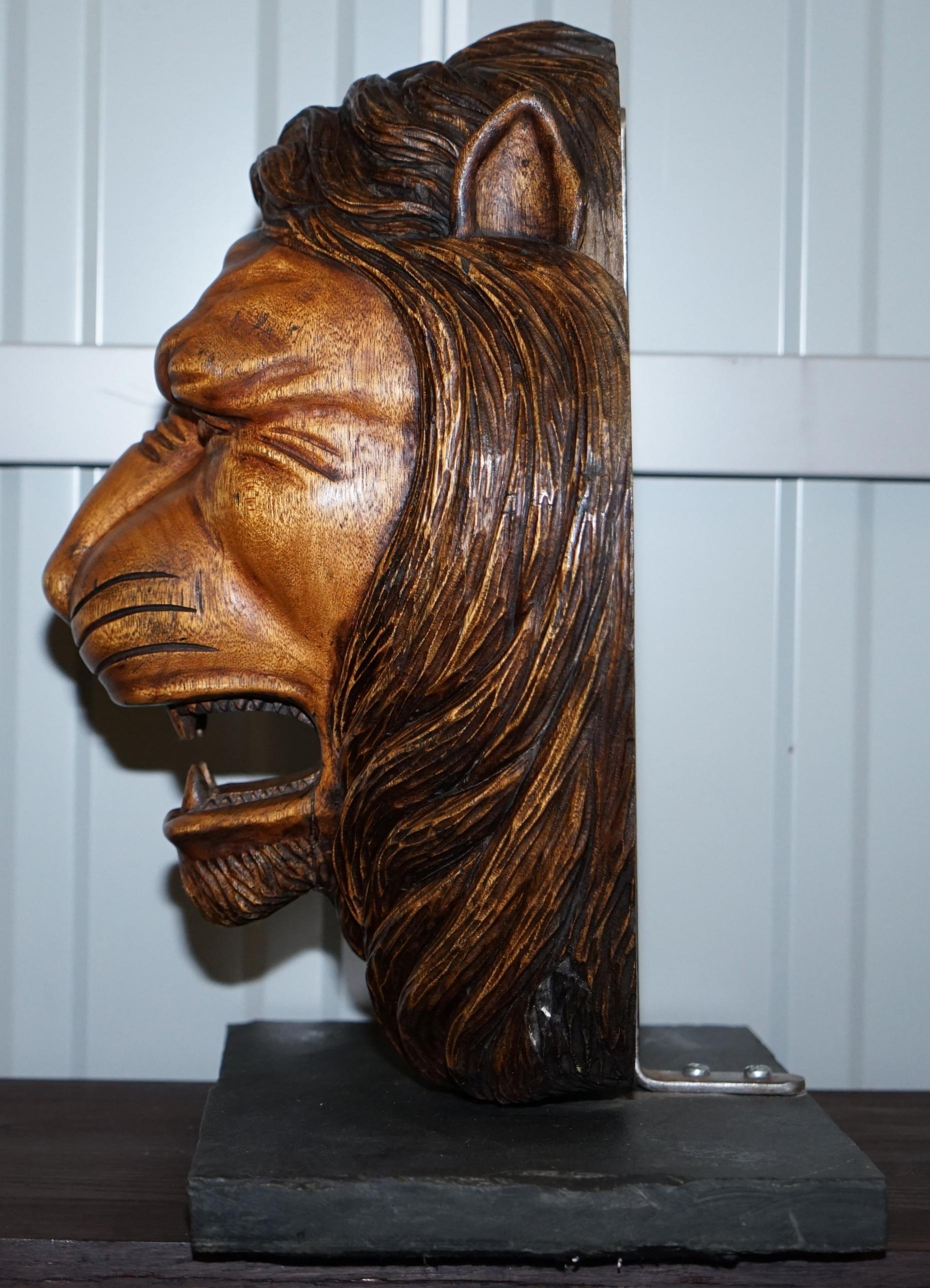 20th Century Large Rare Hand Carved Lions Mane Bust Head in Wood with Solid Marble Base For Sale