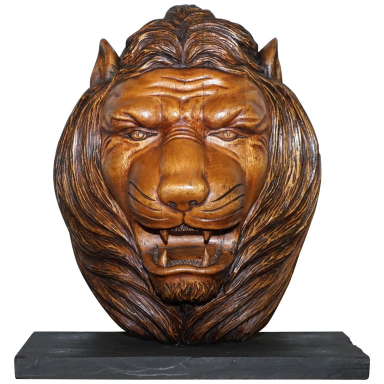 Large Rare Hand Carved Lions Mane Bust Head in Wood with Solid Marble