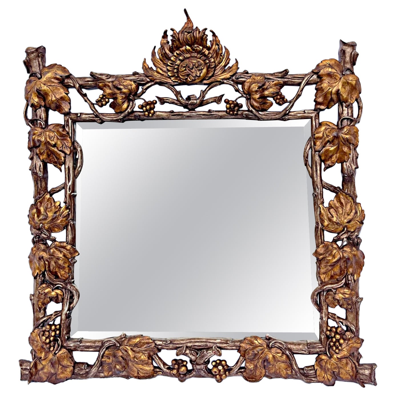 Große seltene Hollywood Regency Hand geschnitzt Holz Silber vergoldet Grapevine Spiegel. im Angebot