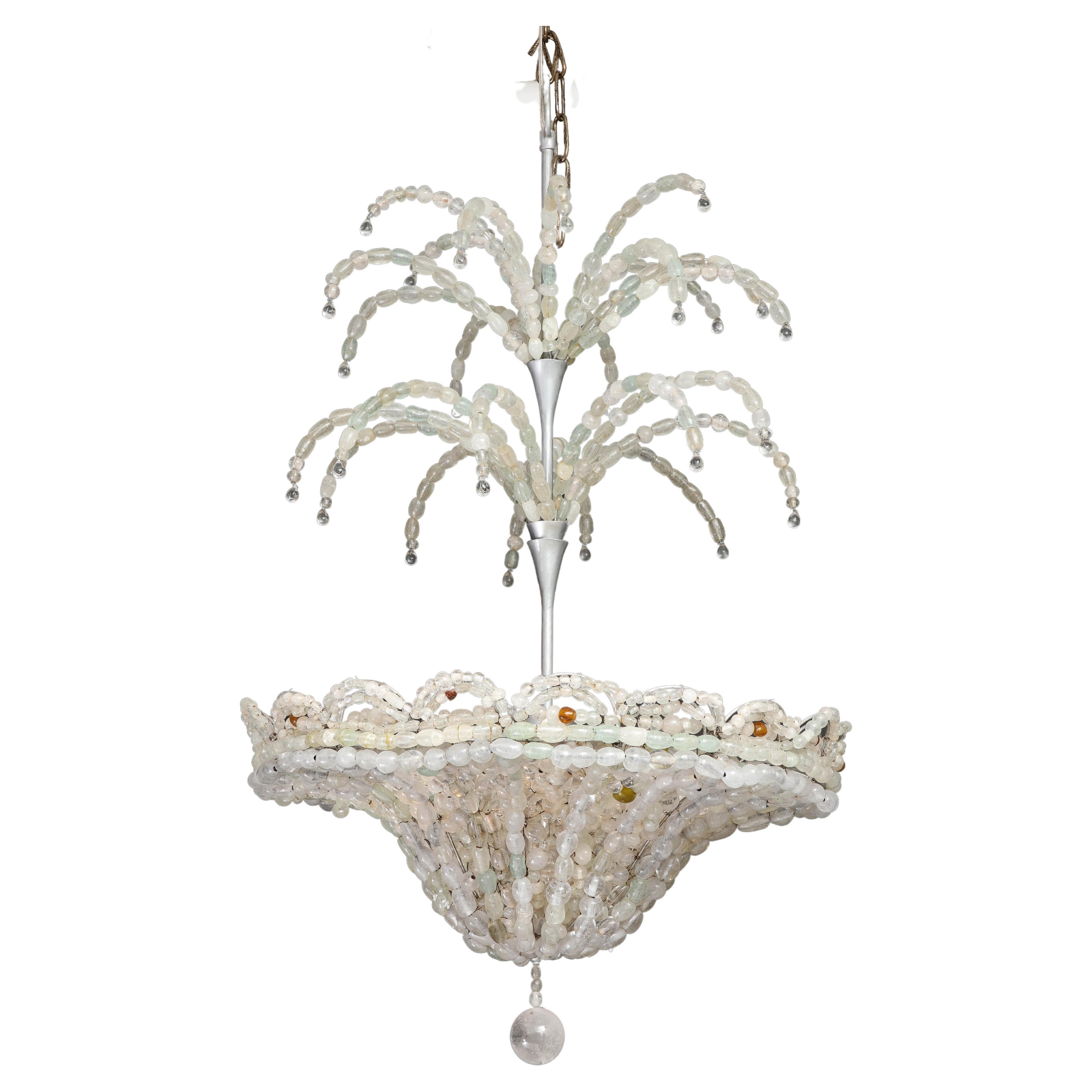 Large Rare Italian Art Deco Hand Blown Clear Beaded Chandelier For Sale