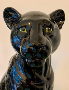 Large Rare Italian Pottery Sitting Black Panther