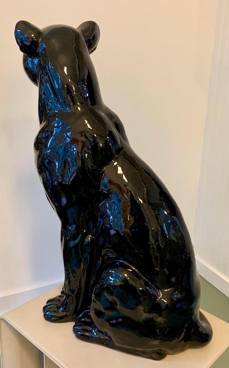Hollywood Regency Large Rare Italian Pottery Sitting Black Panther For Sale