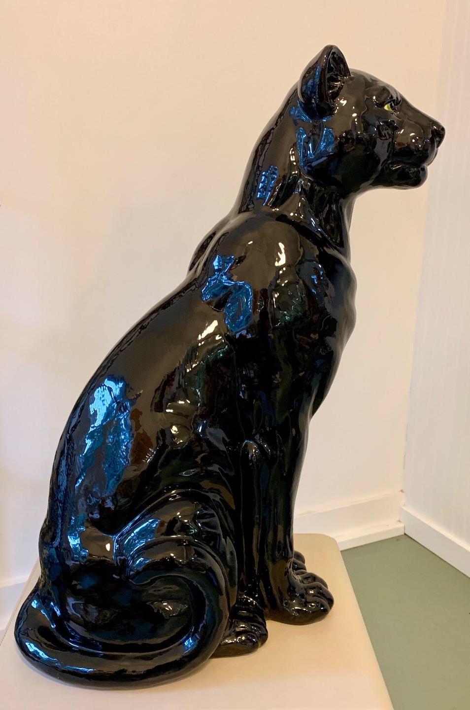 Large Rare Italian Pottery Sitting Black Panther In Good Condition For Sale In Southampton, NY
