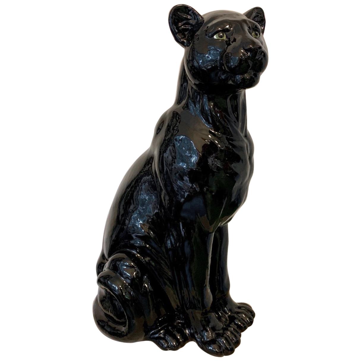 Large Rare Italian Pottery Sitting Black Panther For Sale