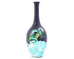 Large Rare Japanese Cloisonné Meiji Period Green Dragon Swimming Over The Sea