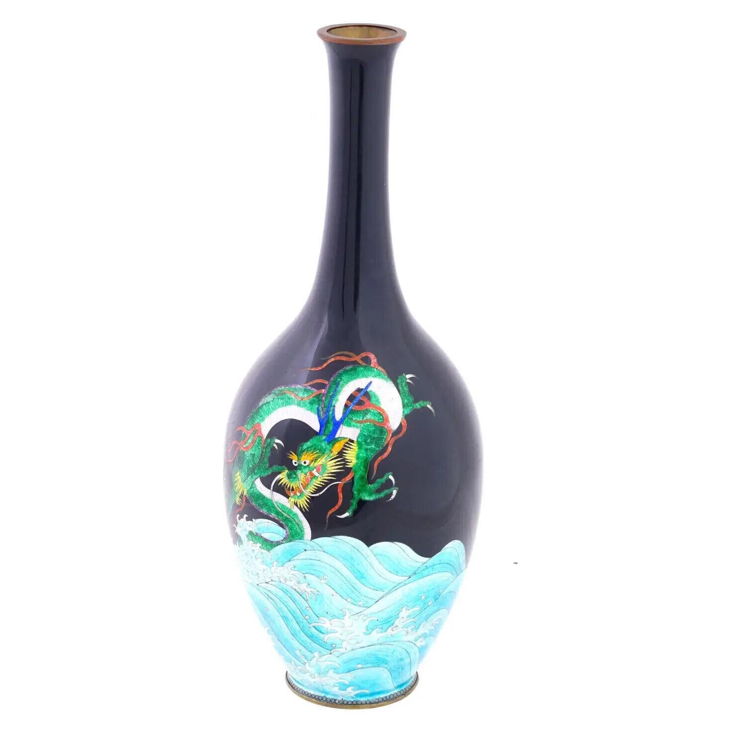 Cloissoné Large Rare Japanese Cloisonne Meiji Period Green Dragon Swimming Over The Sea For Sale