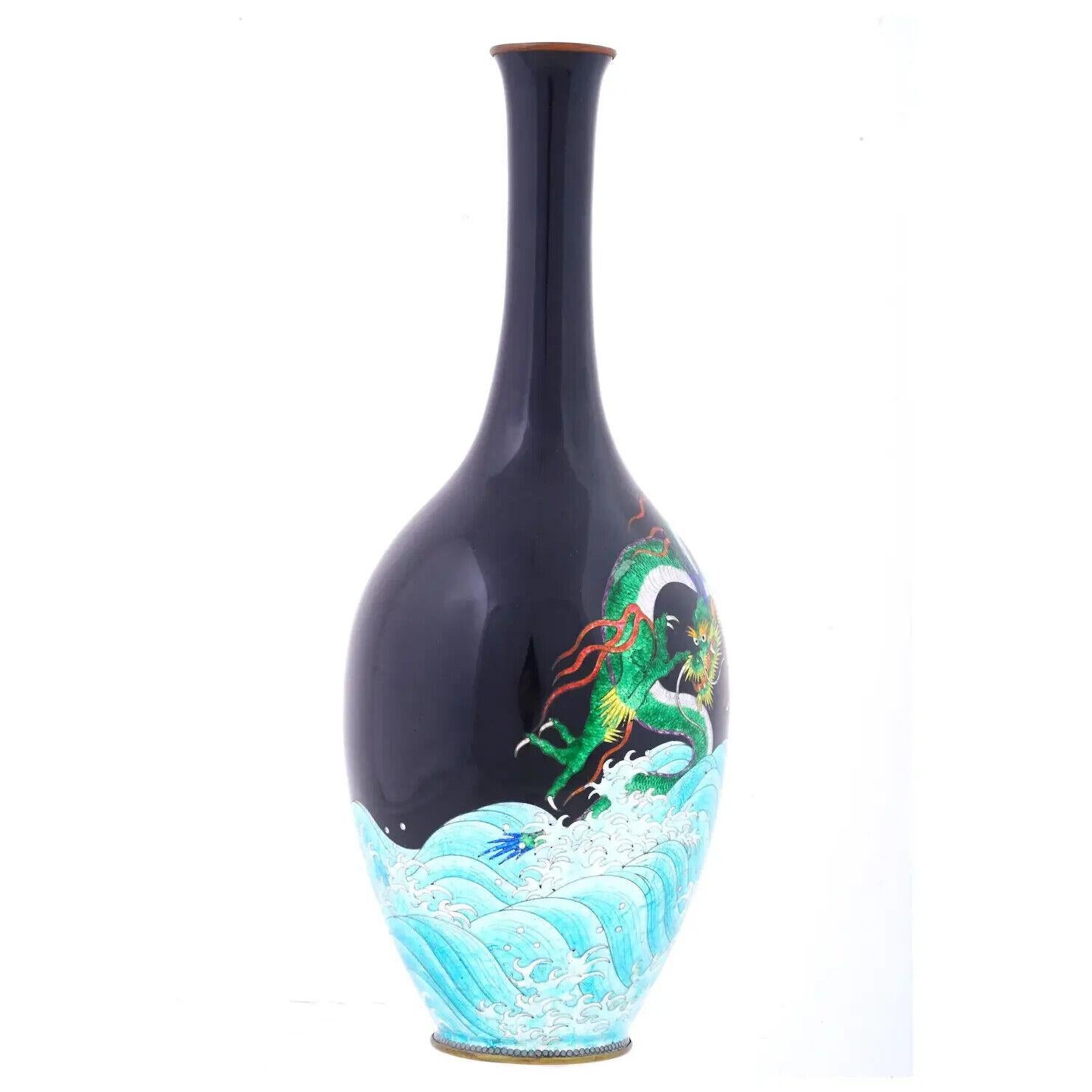 Large Rare Japanese Cloisonne Meiji Period Green Dragon Swimming Over The Sea In Good Condition For Sale In New York, NY