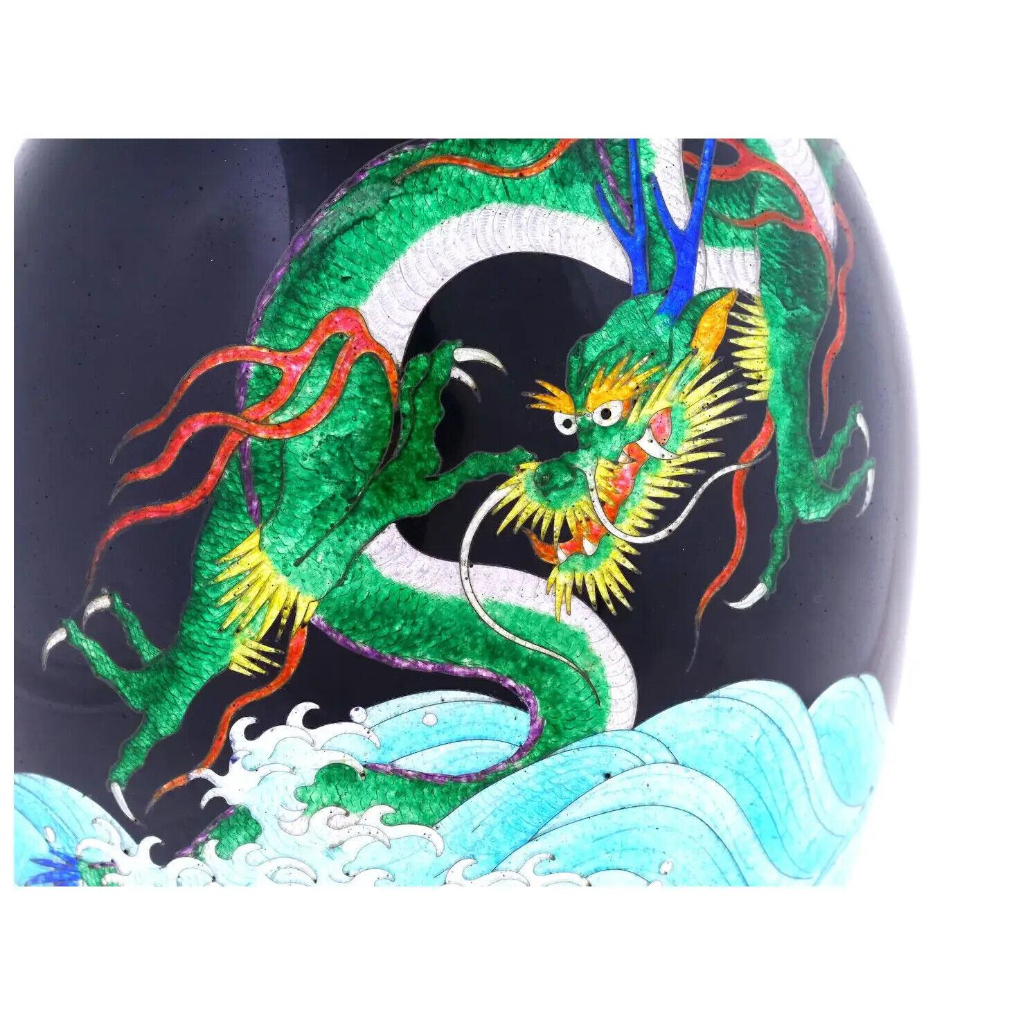 Large Rare Japanese Cloisonne Meiji Period Green Dragon Swimming Over The Sea For Sale 2
