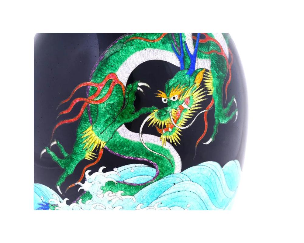 Large Rare Japanese Cloisonné Meiji Period Green Dragon Swimming Over The Sea 3