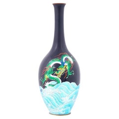 Large Rare Japanese Cloisonné Meiji Period Green Dragon Swimming Over The Sea