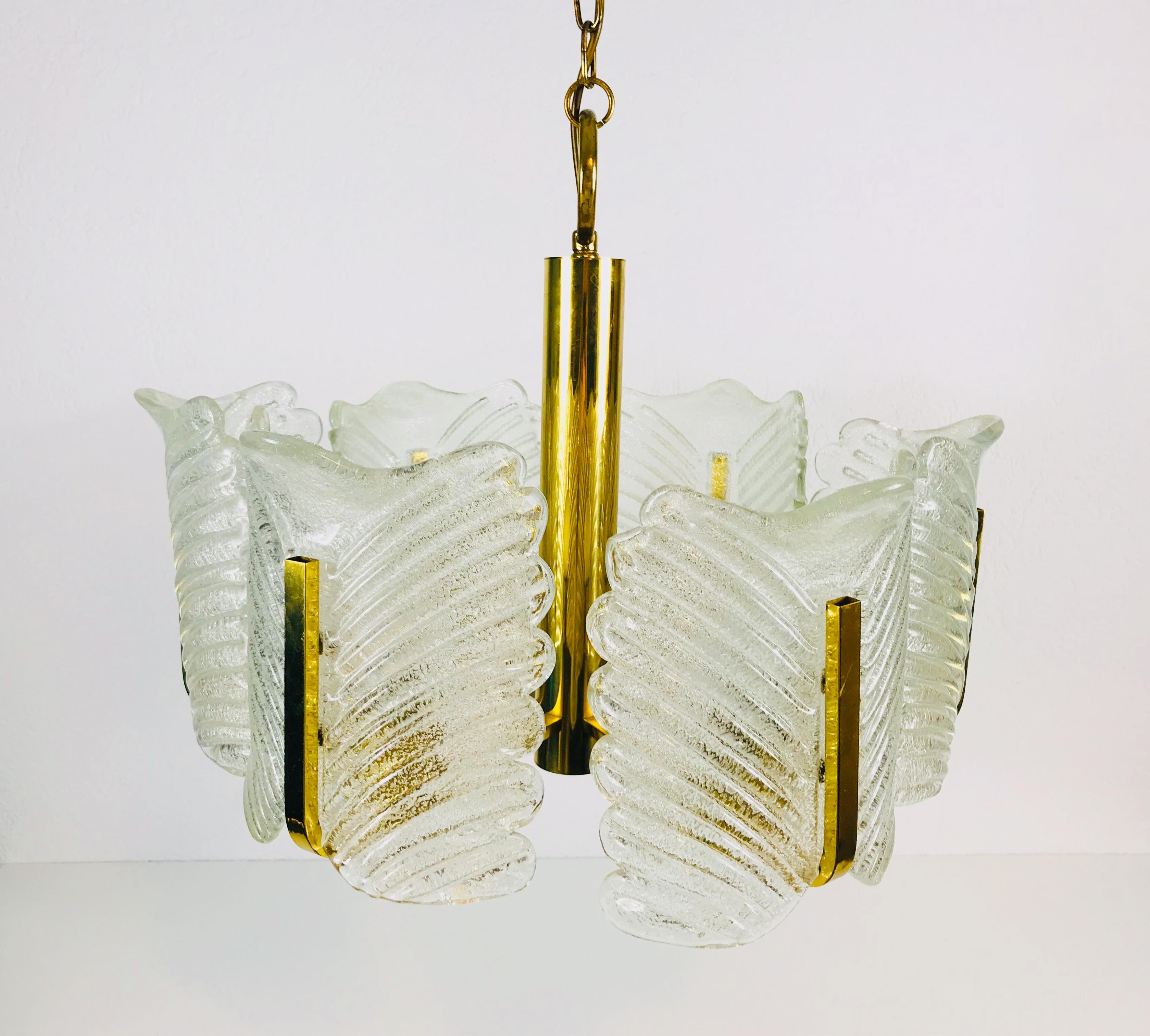 Mid-Century Modern Large Rare Midcentury 6-Arm Brass and Ice Glass Chandelier, 1960s For Sale