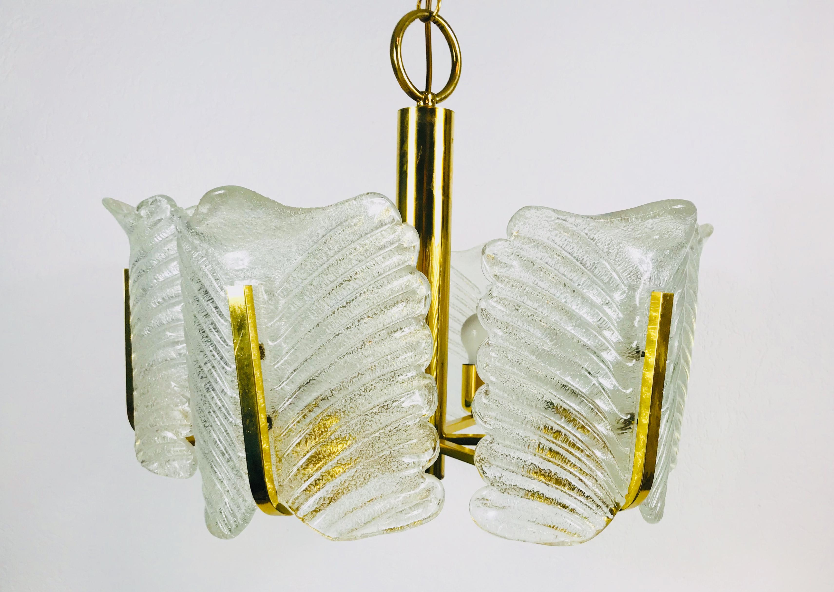 European Large Rare Midcentury 6-Arm Brass and Ice Glass Chandelier, 1960s For Sale