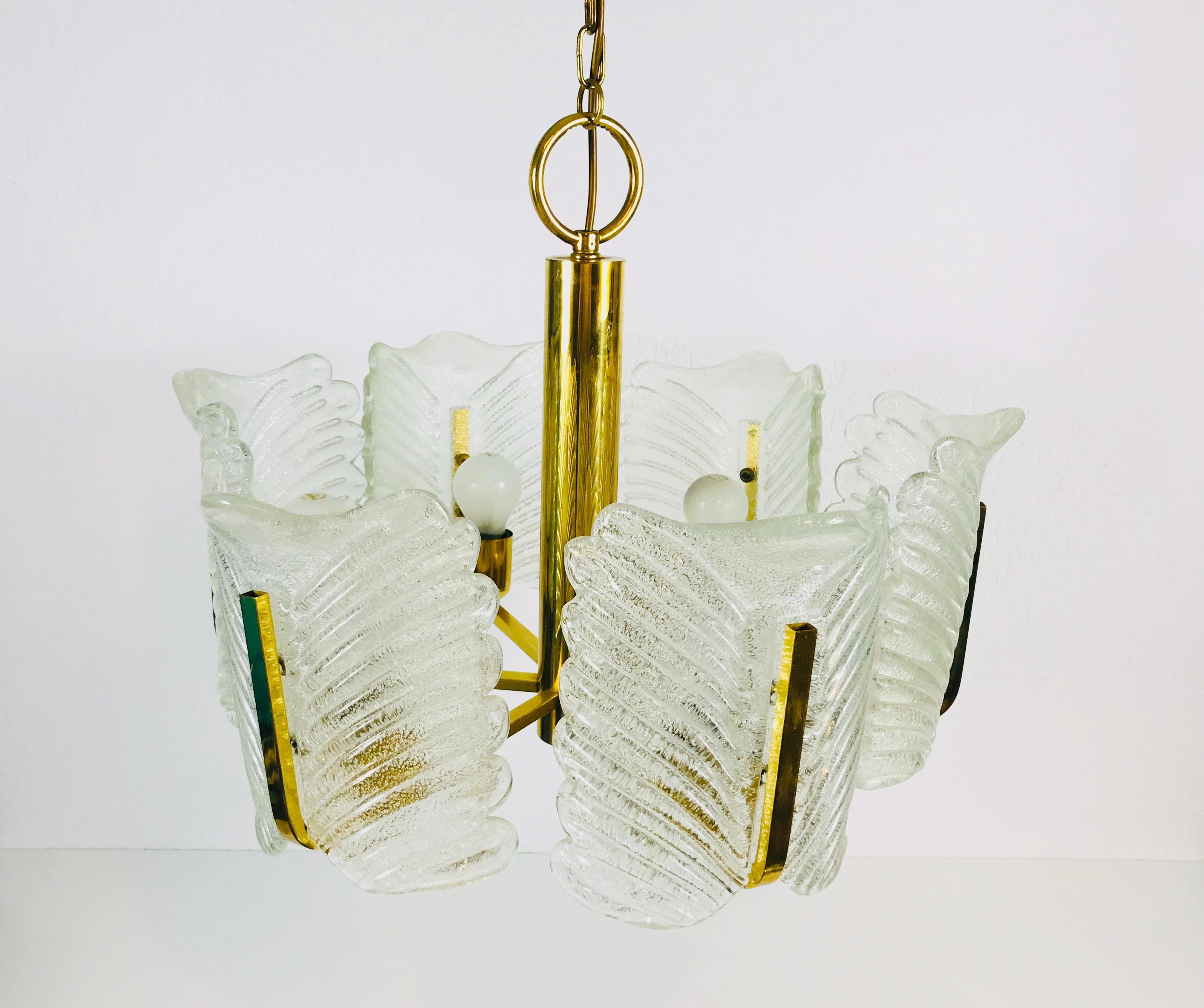 Mid-20th Century Large Rare Midcentury 6-Arm Brass and Ice Glass Chandelier, 1960s For Sale