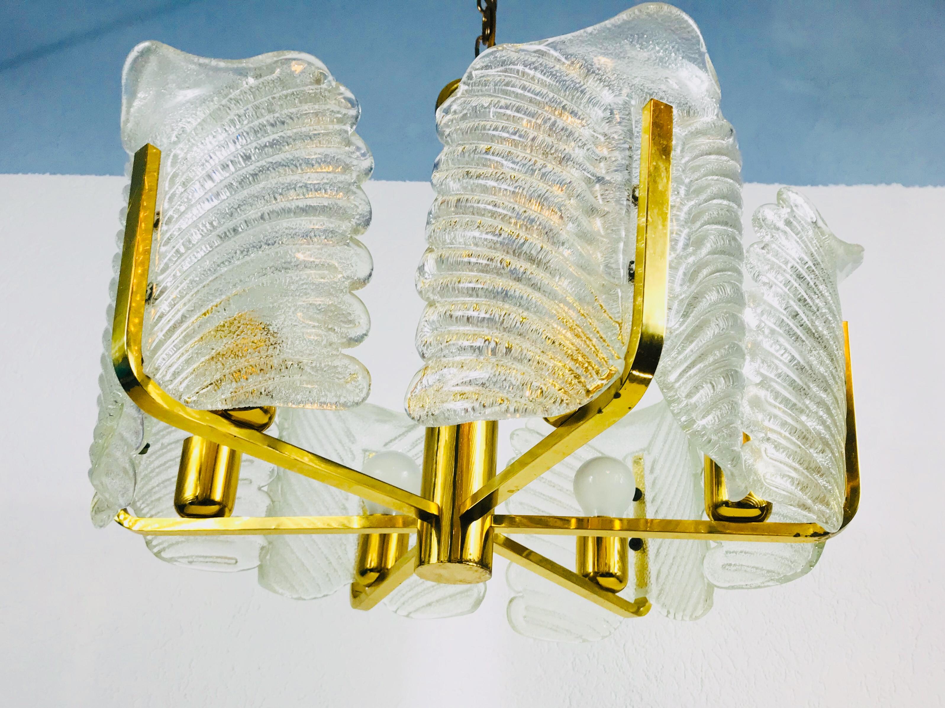 Large Rare Midcentury 6-Arm Brass and Ice Glass Chandelier, 1960s For Sale 2