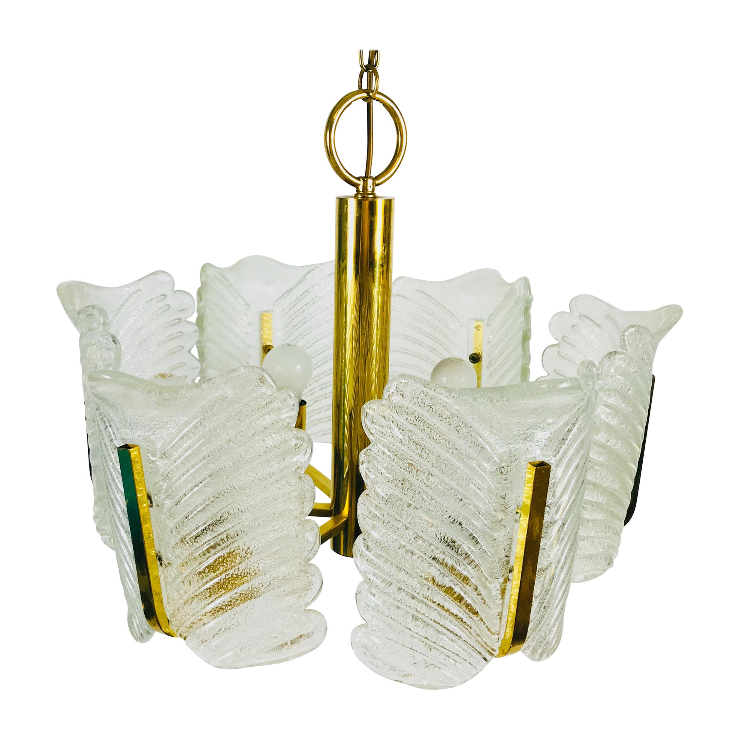 Large Rare Midcentury 6-Arm Brass and Ice Glass Chandelier, 1960s For Sale