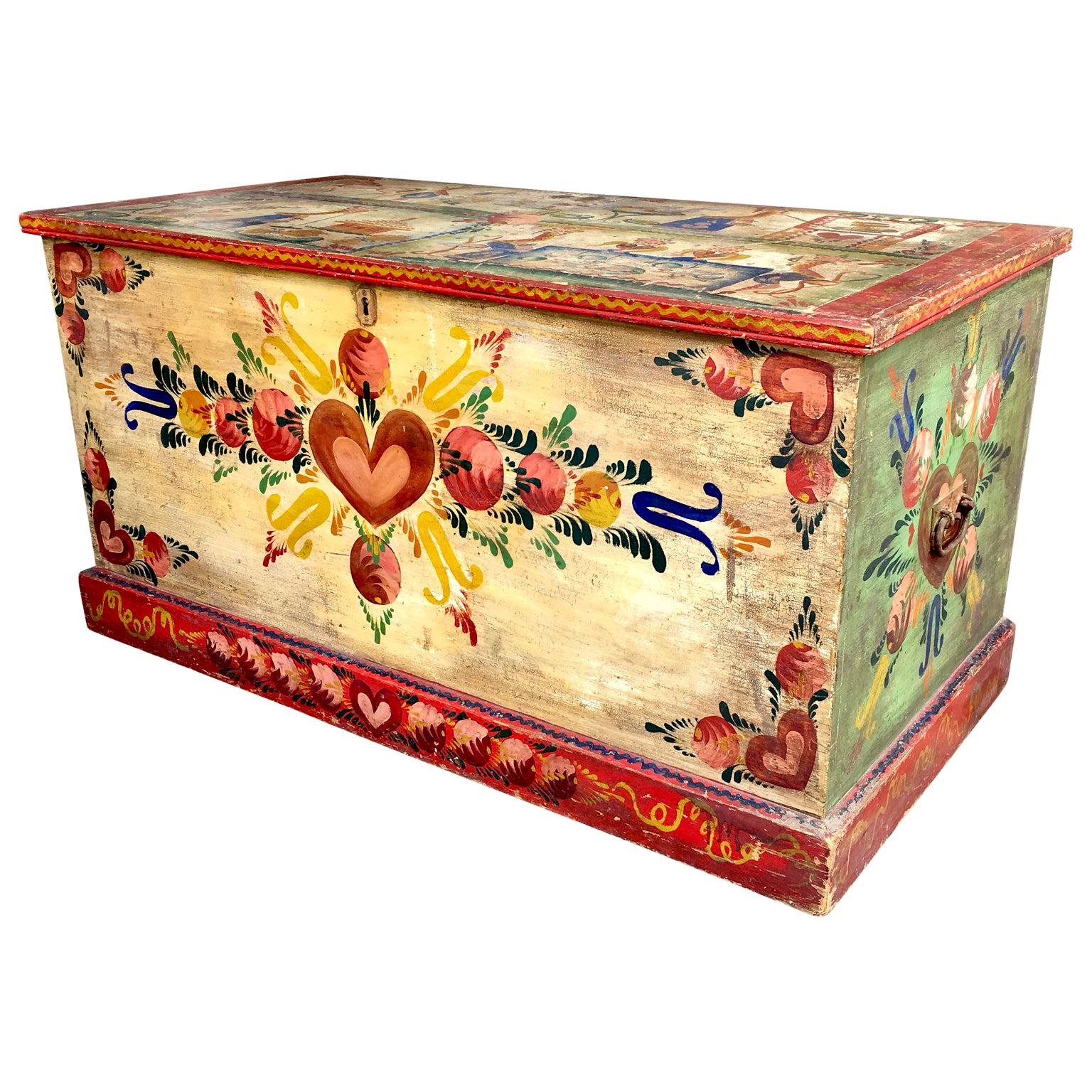 Large Rare Peter Hunt Hand Painted Folk Art Chest Signed and Dated 1944