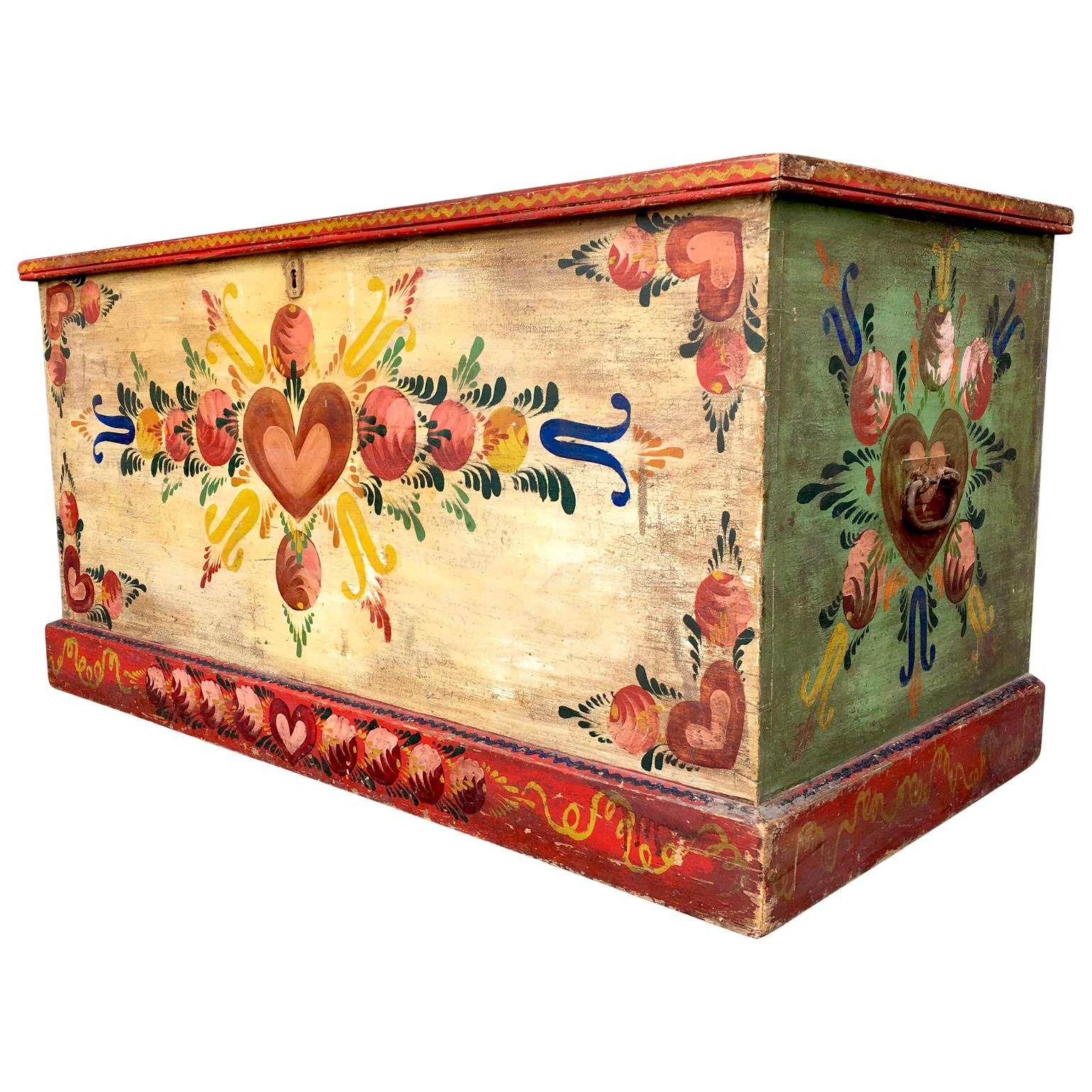 Wood Large Rare Peter Hunt Hand Painted Folk Art Chest Signed and Dated 1944