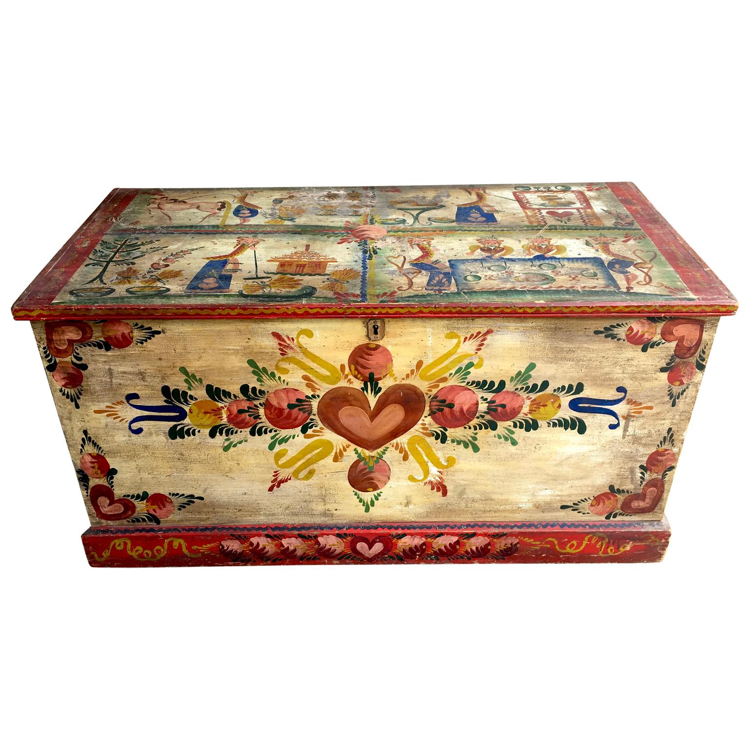 Large Rare Peter Hunt Hand Painted Folk Art Chest Signed and Dated 1944 1
