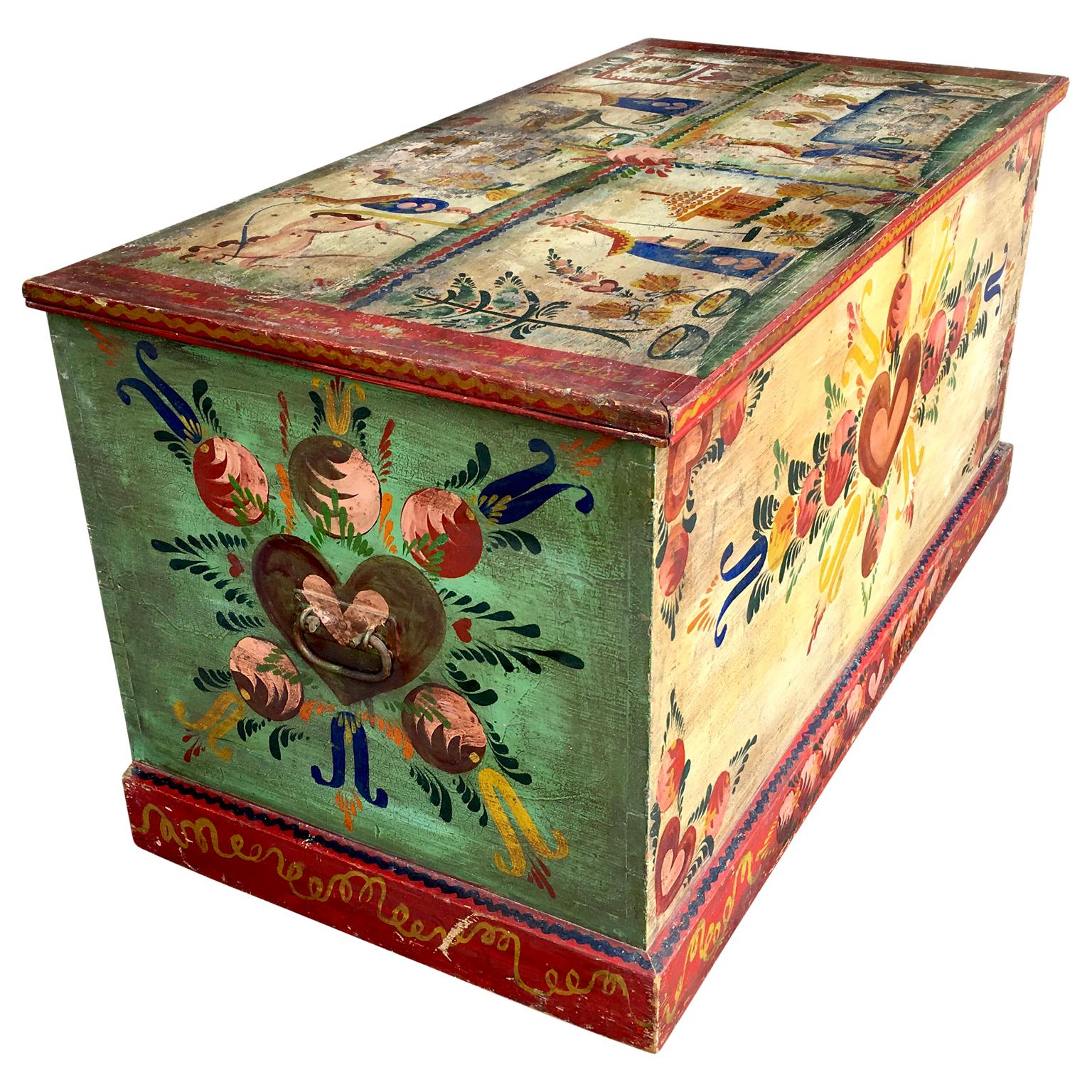 Large rare Peter Hunt hand painted Folk Art chest signed and dated 1944

A rare Folk Art hand painted large chest by Peter Hunt (1896-1967). Noted Cape Cod artist. Whimsical style in wonderful colors. He would take antique pieces of furniture and