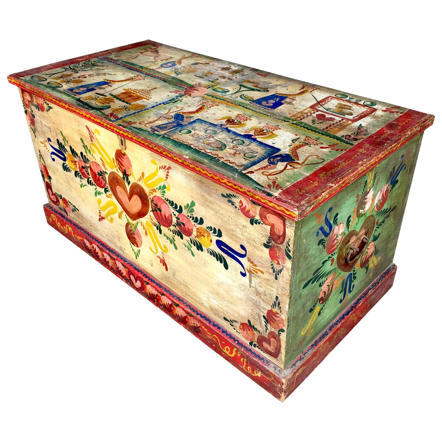 20th Century Large Rare Peter Hunt Hand Painted Folk Art Chest Signed and Dated 1944
