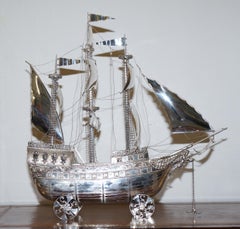 Large & Rare Solid 925 Silver Vintage NEF Ship Boat Import Marks for London 1975