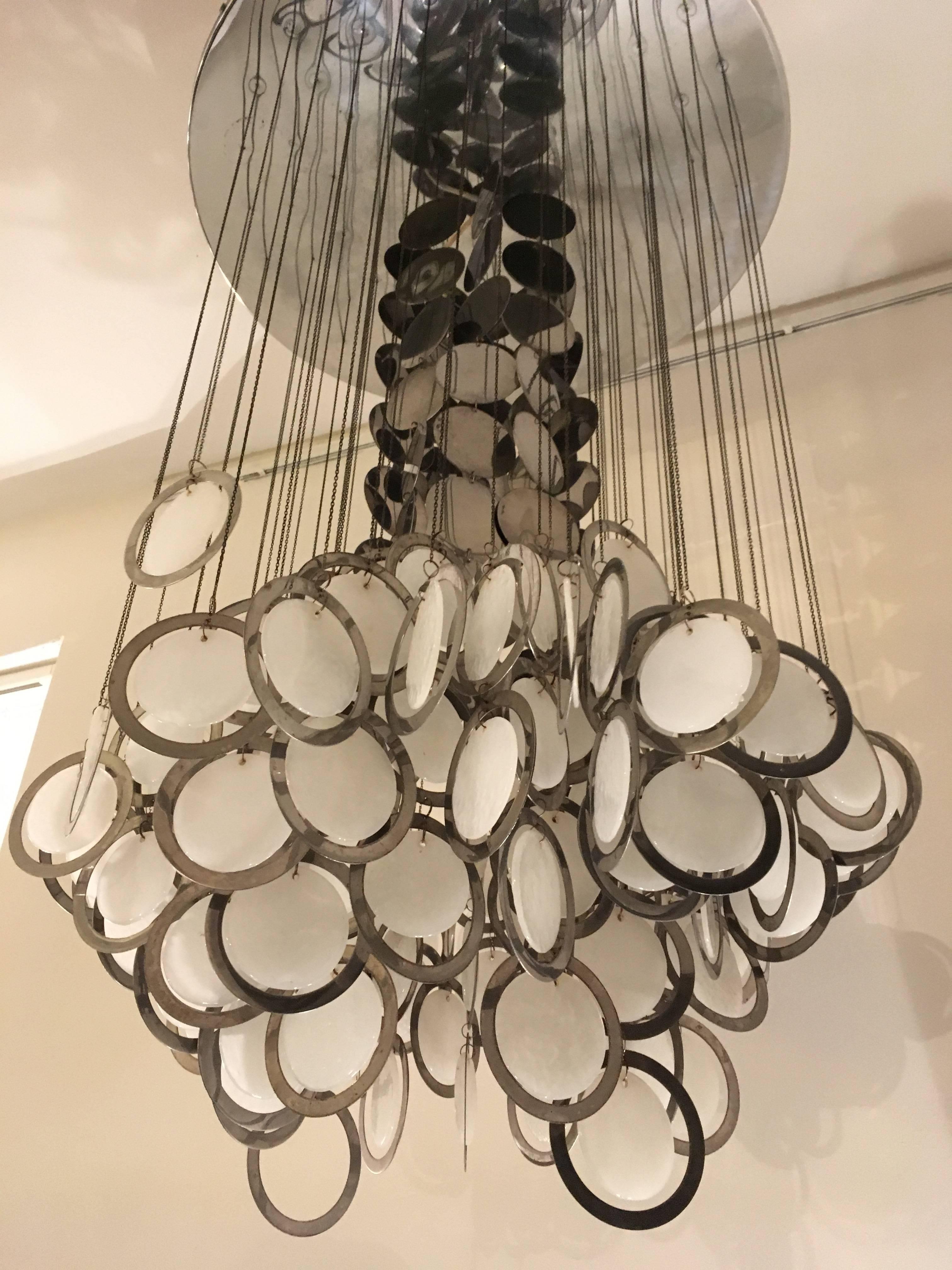 Mid-Century Modern Large Rare Vistosi Opal Glass and Chrome Discs Chandelier, Murano, Italy, 1960s