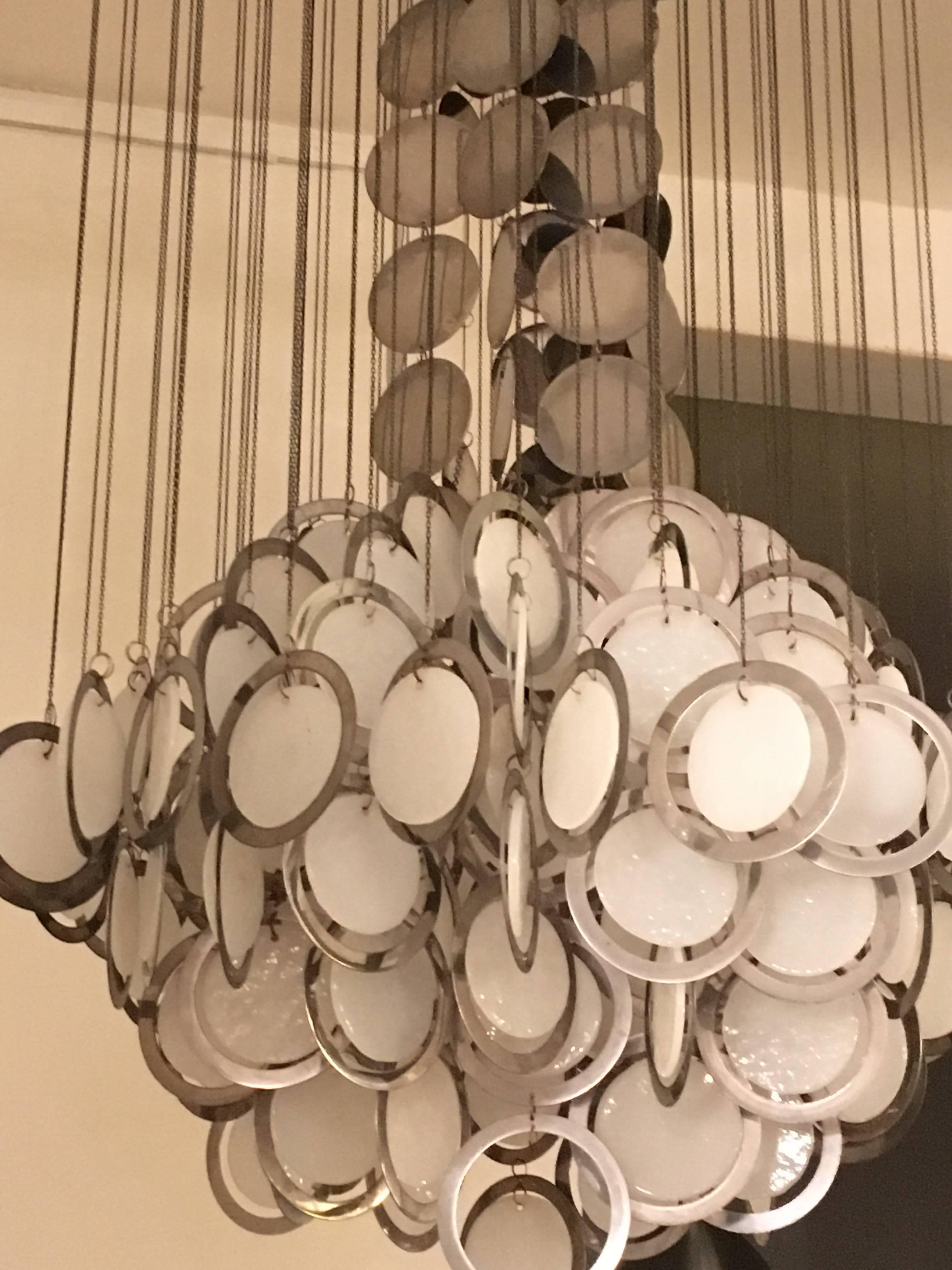 Mid-20th Century Large Rare Vistosi Opal Glass and Chrome Discs Chandelier, Murano, Italy, 1960s