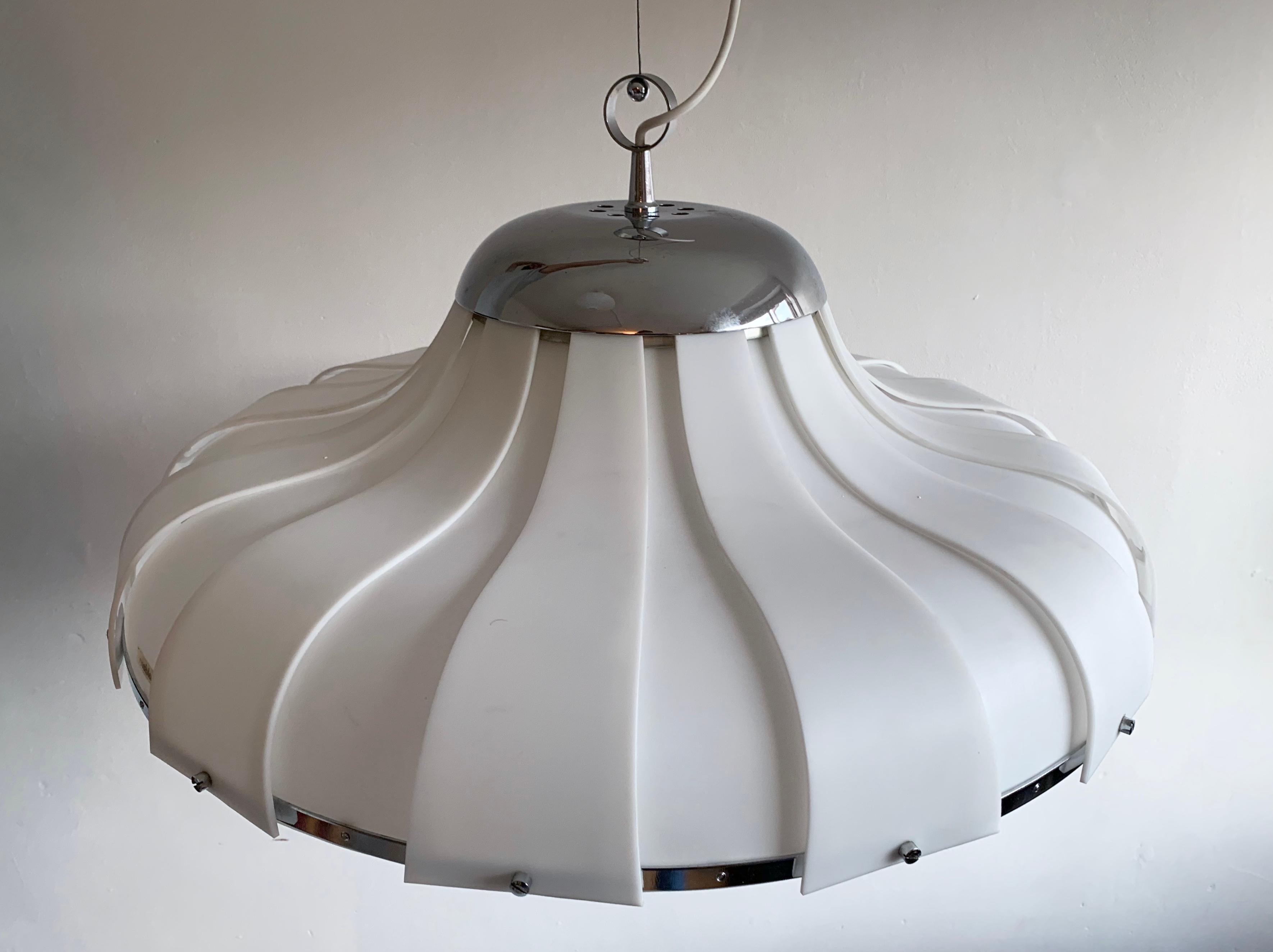 Art Deco Large Rare White ABS and Glass Pendant Light by Guzzini for Meblo, Slovenia For Sale