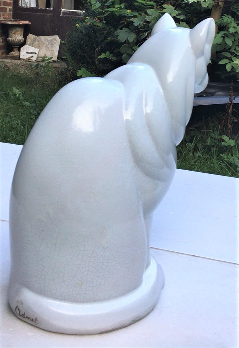 French Large Rare White Cat Art Deco Jacques Adnet For Sale
