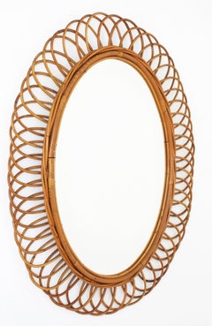 Large Rattan and Bamboo Flower Shaped Oval Mirror, Spain, 1960s