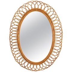 flower shaped mirror Large Rattan and Bamboo Flower Shaped Oval Mirror, Spain, 1960s