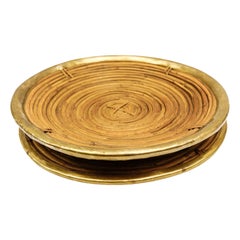 Large Rattan and Brass Mid-Century Modern Handcrafted Plates, Austria, 1950s