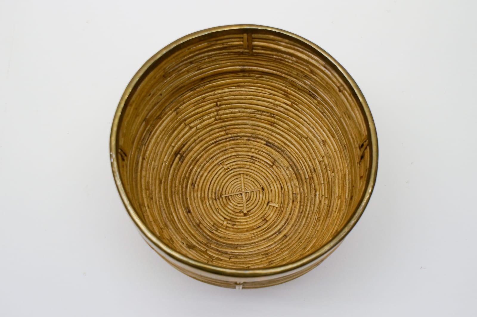 Mid-20th Century Large Rattan and Brass Midcentury Handcrafted Bowl, Austria, 1950s For Sale