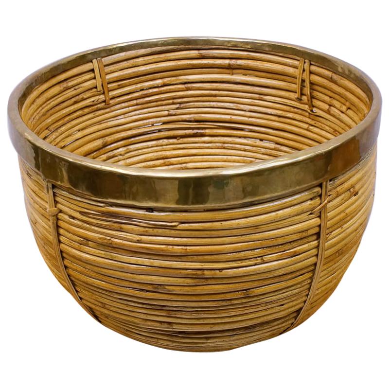 Large Rattan and Brass Midcentury Handcrafted Bowl, Austria, 1950s