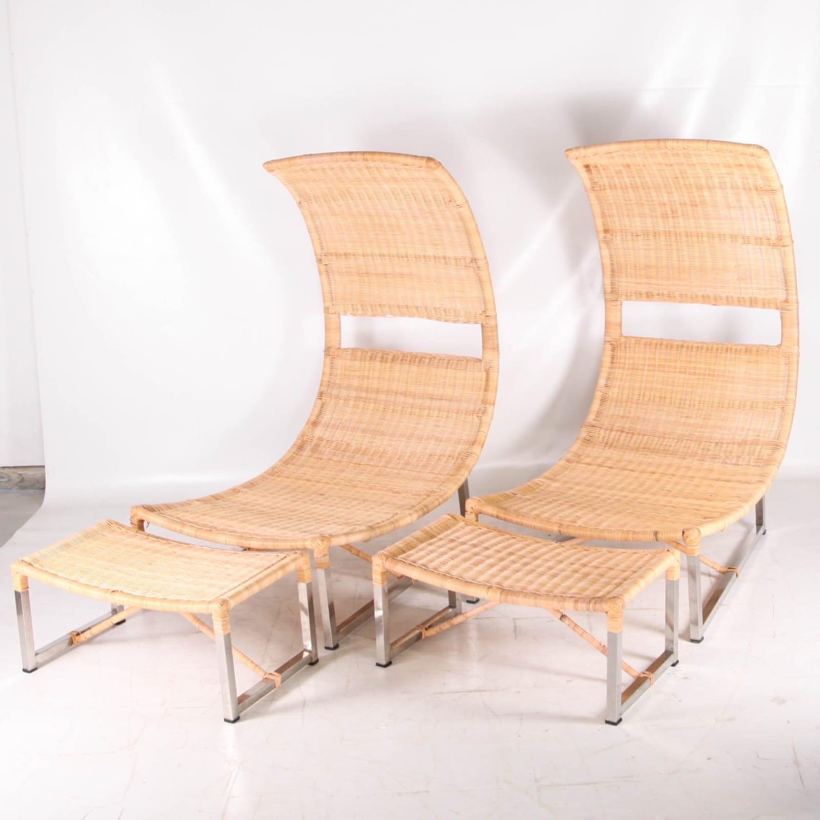 Metallo Grande sedia e pouf in rattan e metallo in vendita
