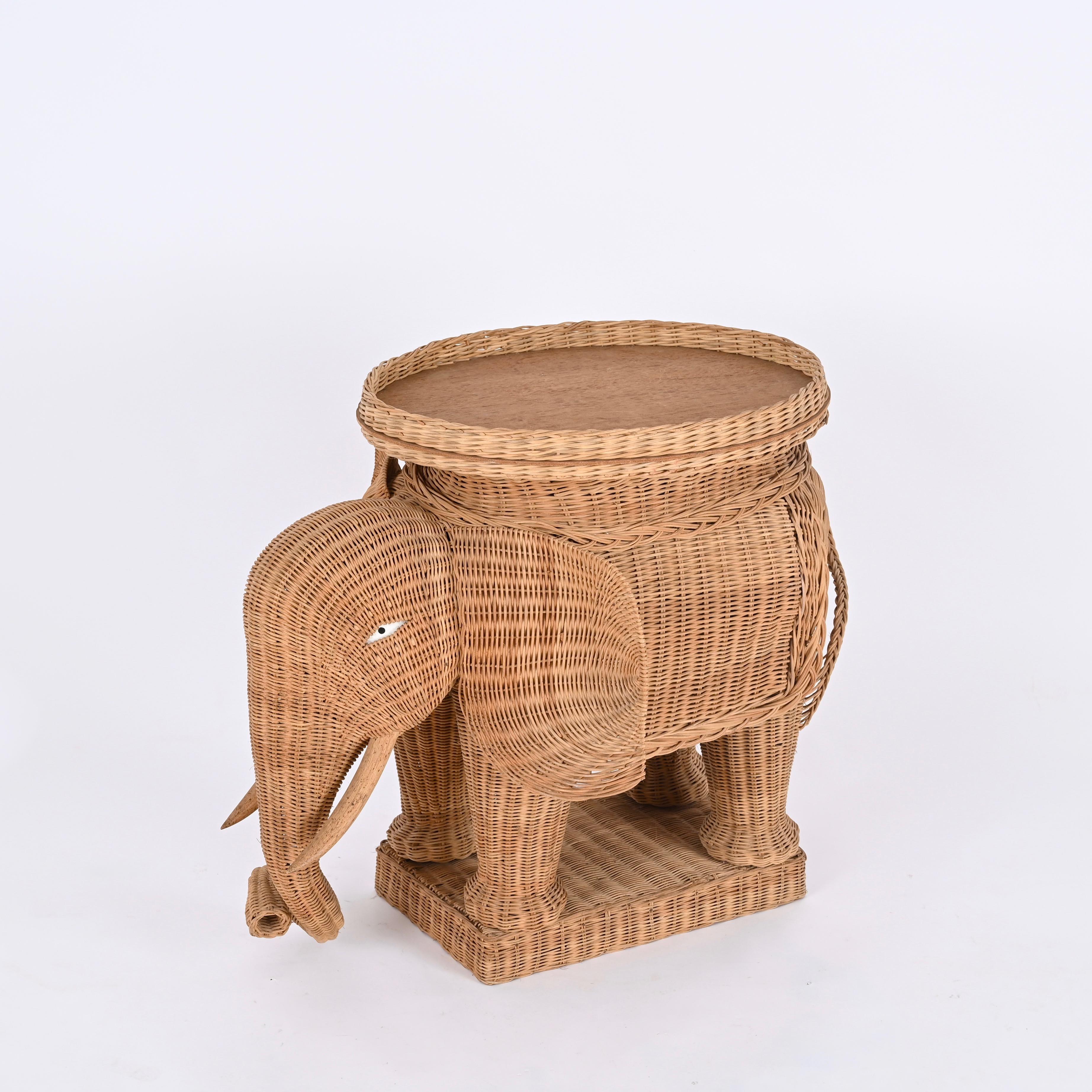 Italian Large Rattan and Wicker Elephant Side Table by Vivai del Sud, Italy 1970s