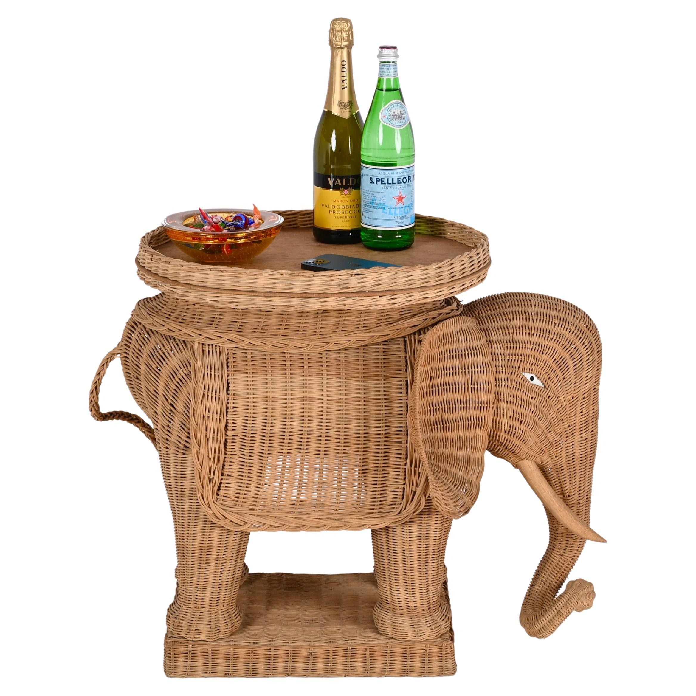 Large Rattan and Wicker Elephant Side Table by Vivai del Sud, Italy 1970s