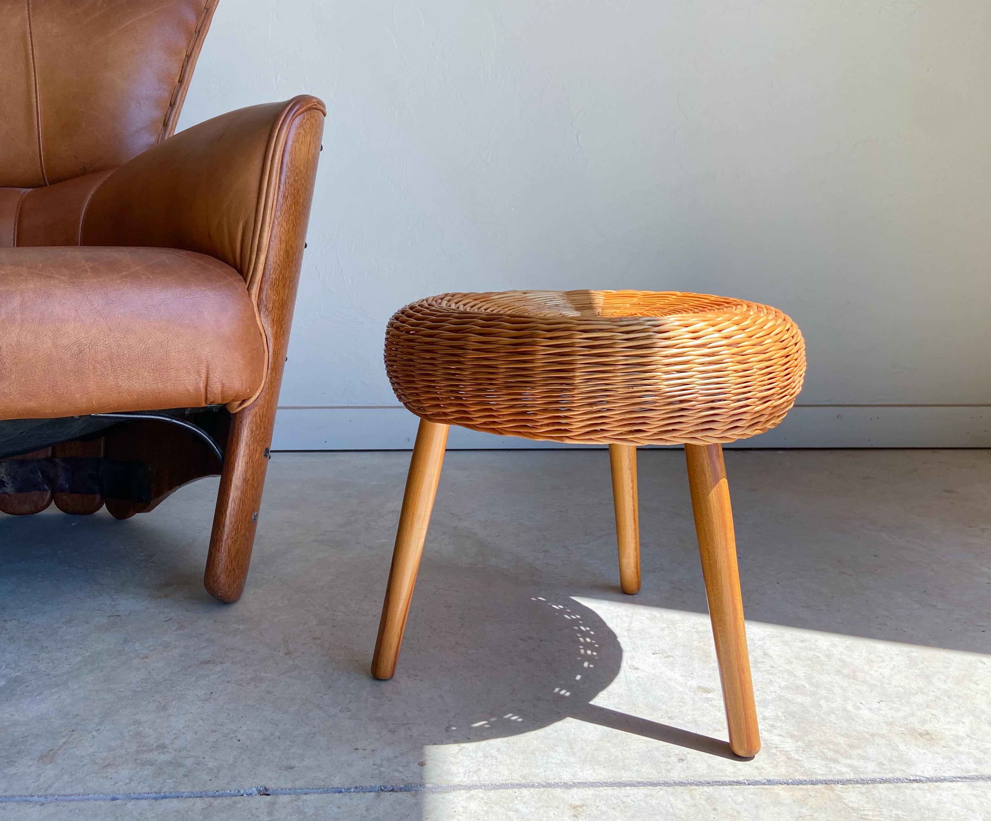 Mid-Century Modern Large Rattan and Wood Stool Attributed to Tony Paul, 1960 For Sale