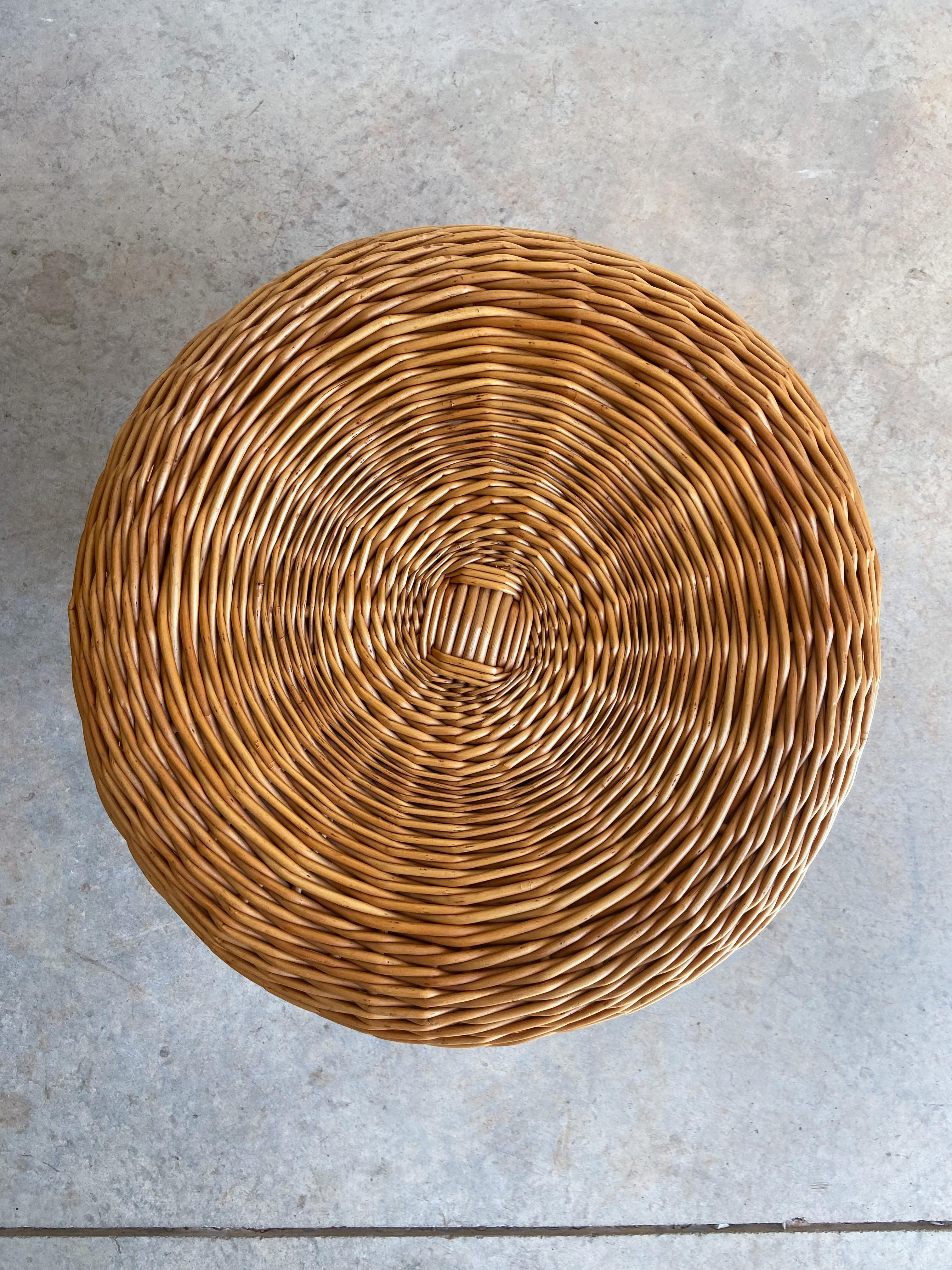 Hand-Crafted Large Rattan and Wood Stool Attributed to Tony Paul, 1960 For Sale