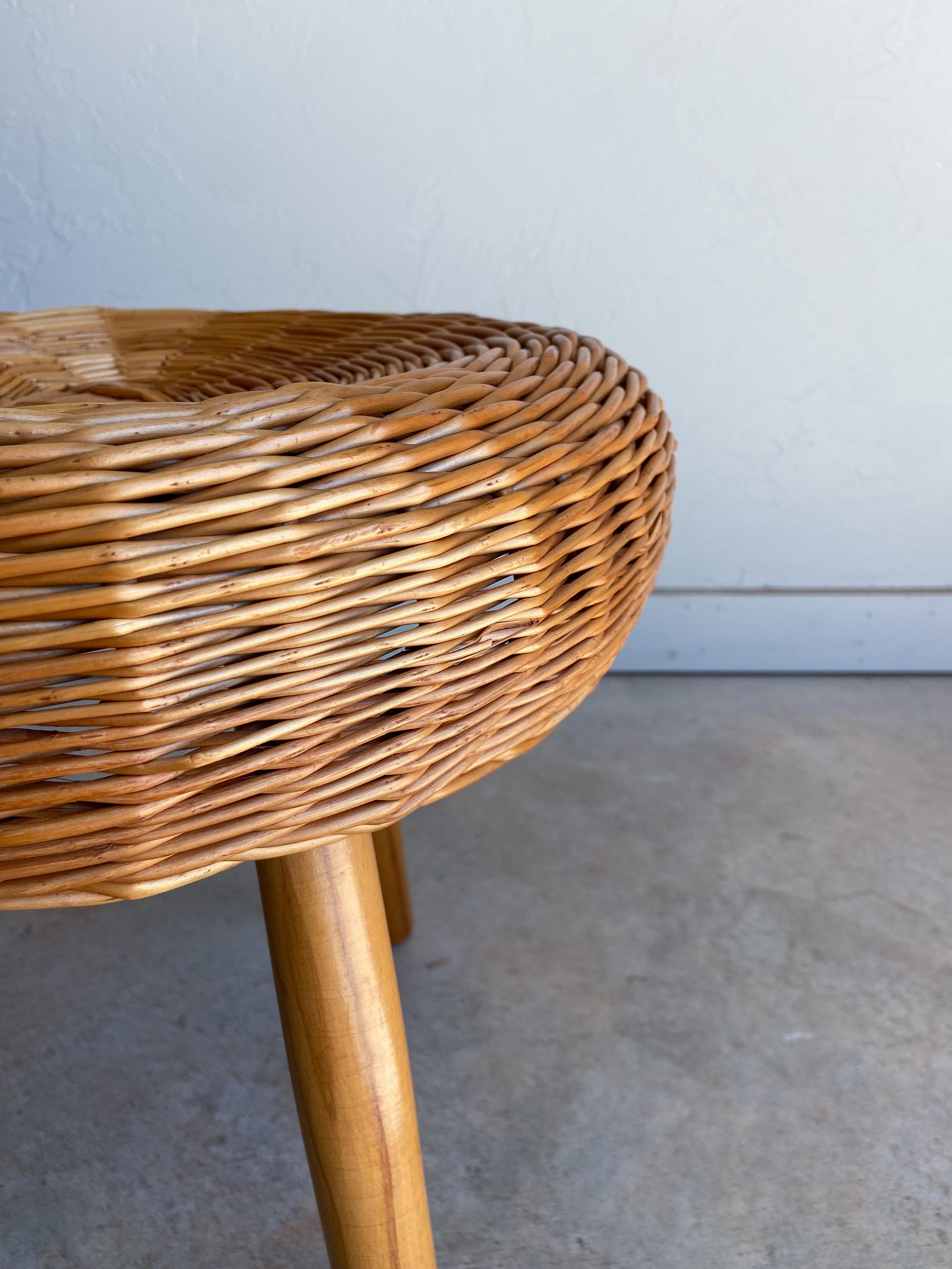 Mid-20th Century Large Rattan and Wood Stool Attributed to Tony Paul, 1960 For Sale