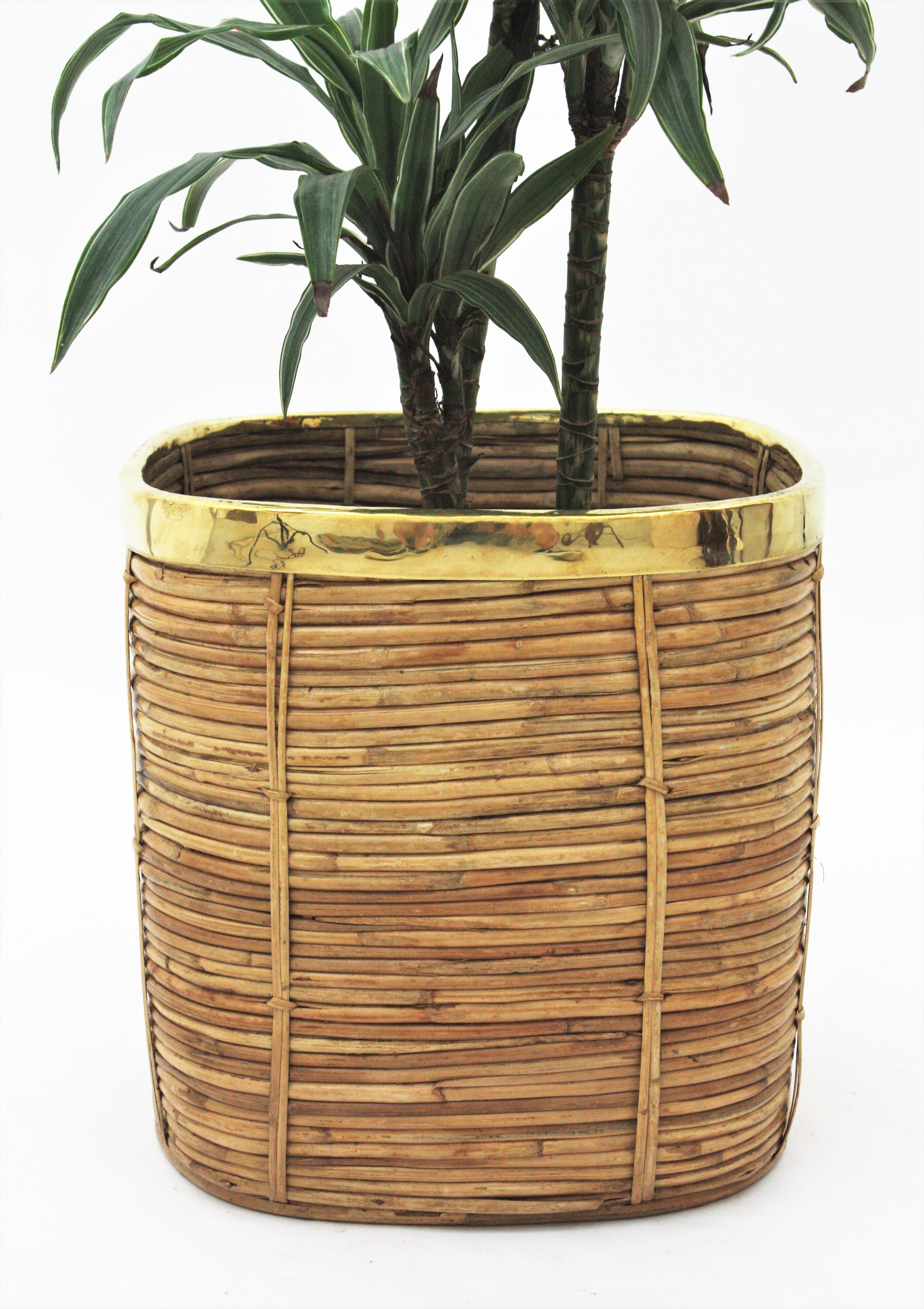 Large Italian Rattan and Brass Crespi Style Square Basket Planter, 1970s For Sale 7