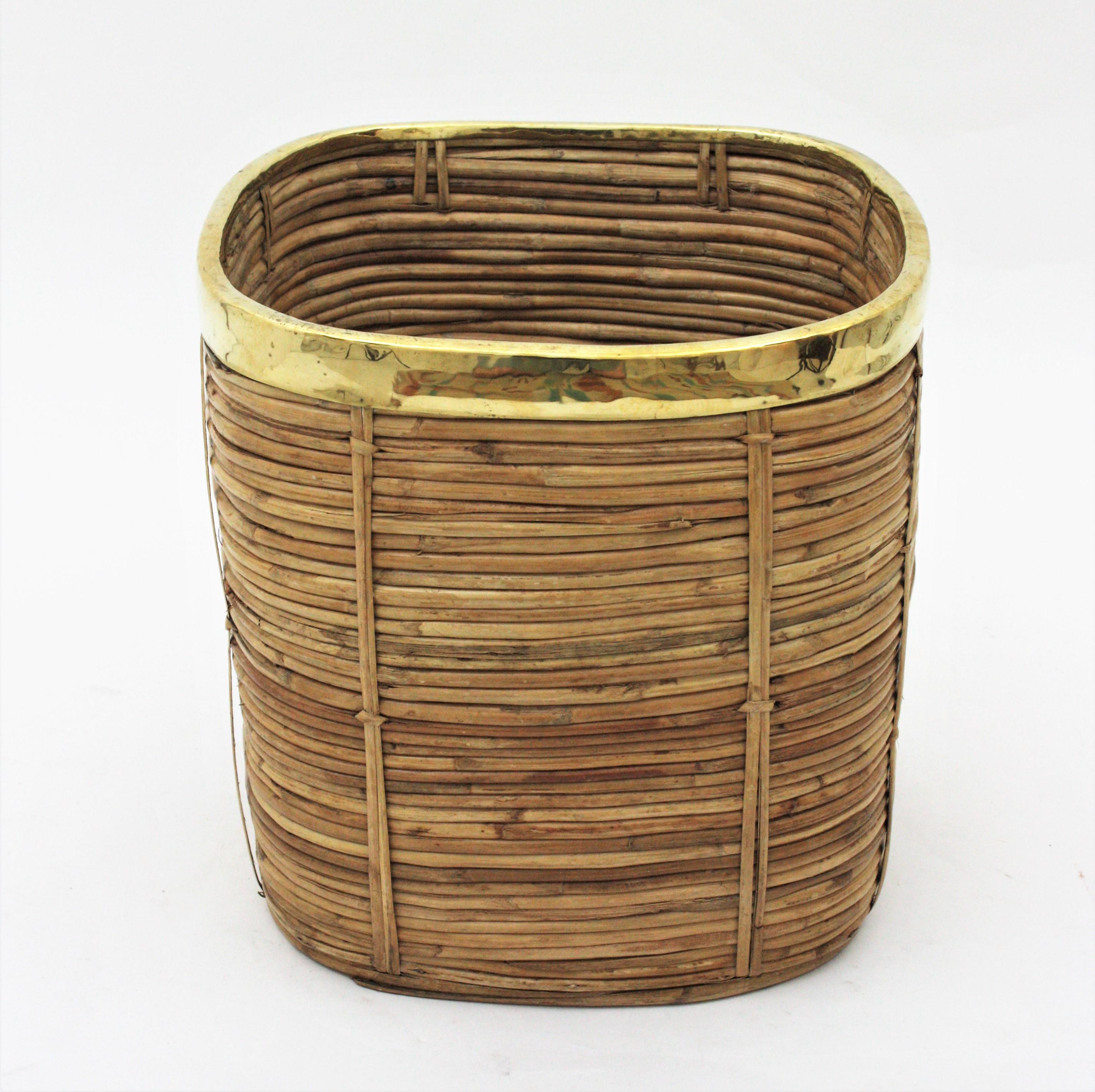 Mid-Century Modern Large Italian Rattan and Brass Crespi Style Square Basket Planter, 1970s For Sale