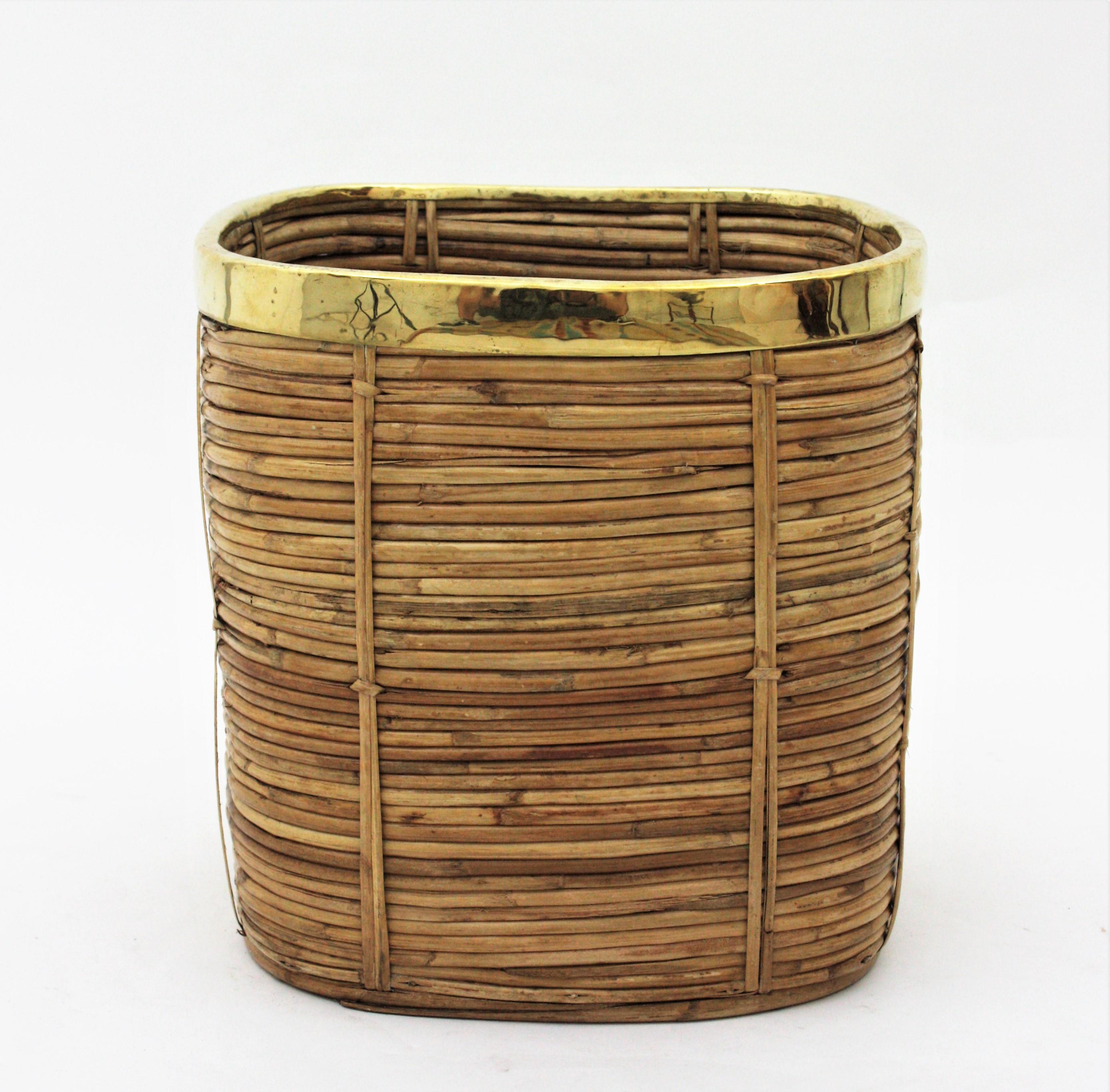 20th Century Large Italian Rattan and Brass Crespi Style Square Basket Planter, 1970s For Sale