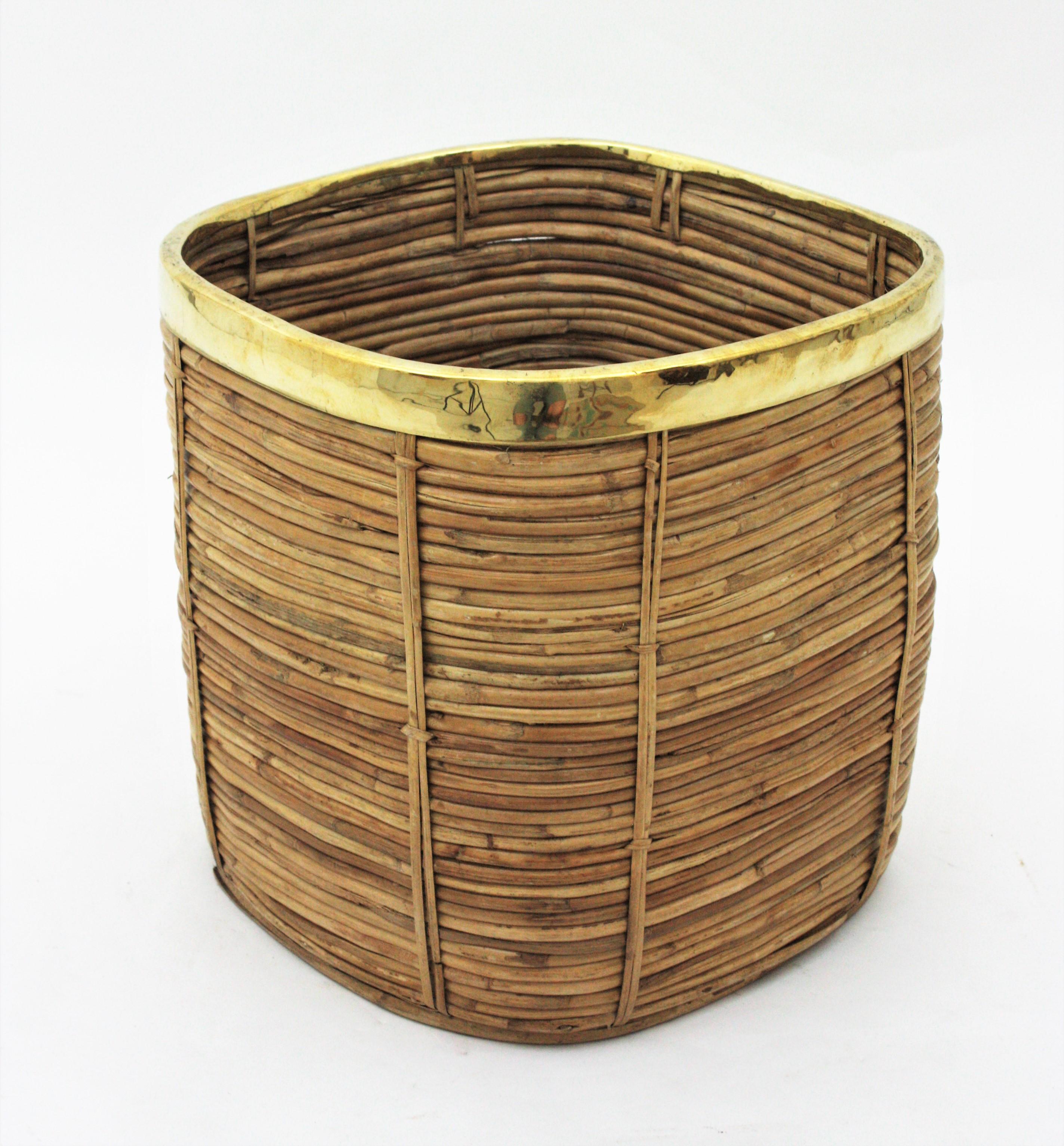 Large Italian Rattan and Brass Crespi Style Square Basket Planter, 1970s For Sale 1