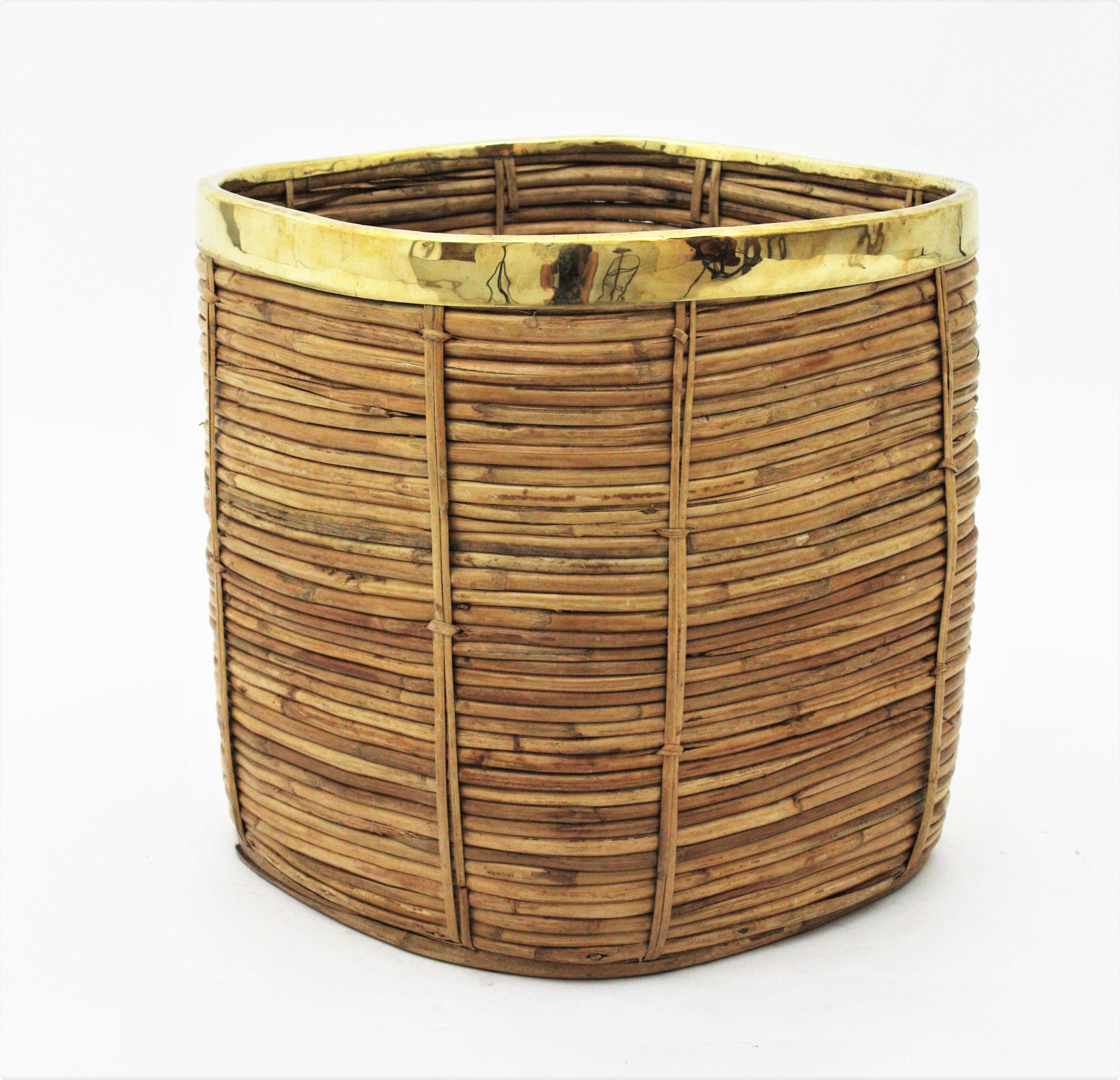 Large Italian Rattan and Brass Crespi Style Square Basket Planter, 1970s For Sale 2