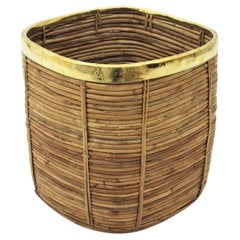Large Rattan Bamboo Crespi Style Square Planter with Brass Rim, Italy, 1970s