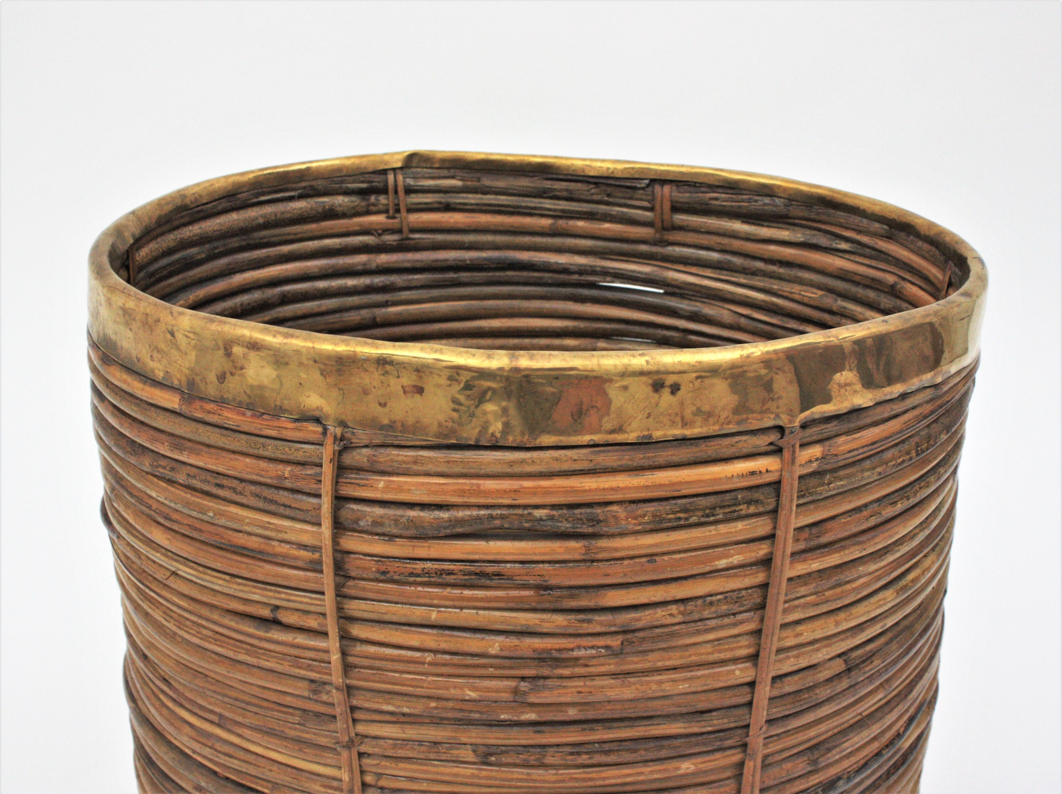 Large Rattan Bamboo Midcentury Oval Planter with Brass Rim, 1960s 2